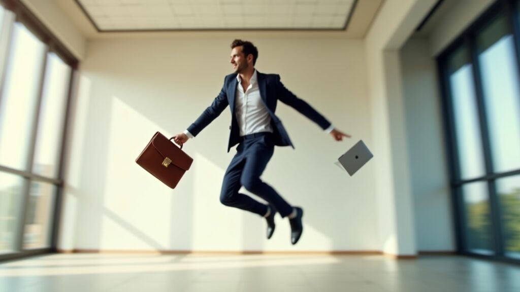 Person juggling briefcase and laptop representing balance