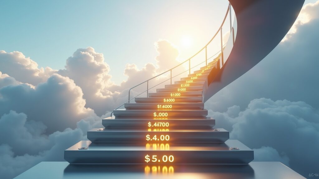 Staircase with dollar amounts leading to $5000 peak