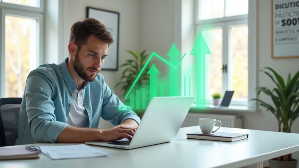 Person taking online course with certificate and income growth
