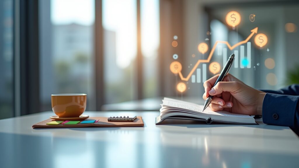 Person reading business book with notepad and success symbols