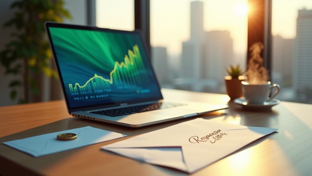 "Resignation Letter" next to laptop showing successful business