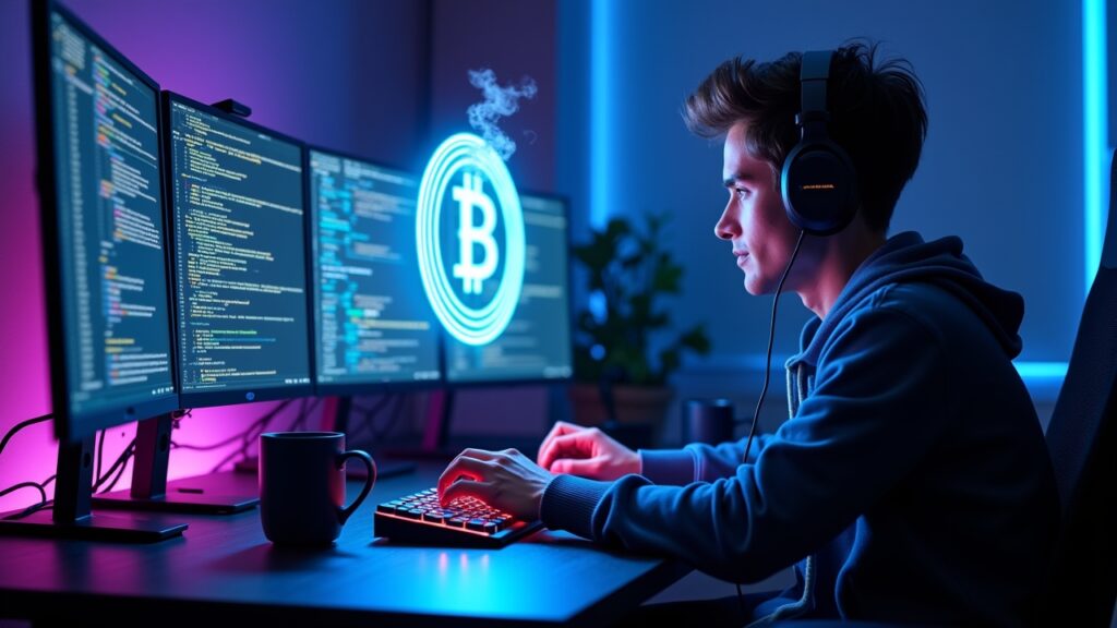 Person mining crypto on computer setup