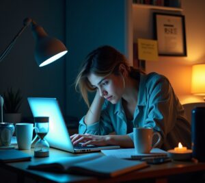 Exhausted person at computer with burnout symbols