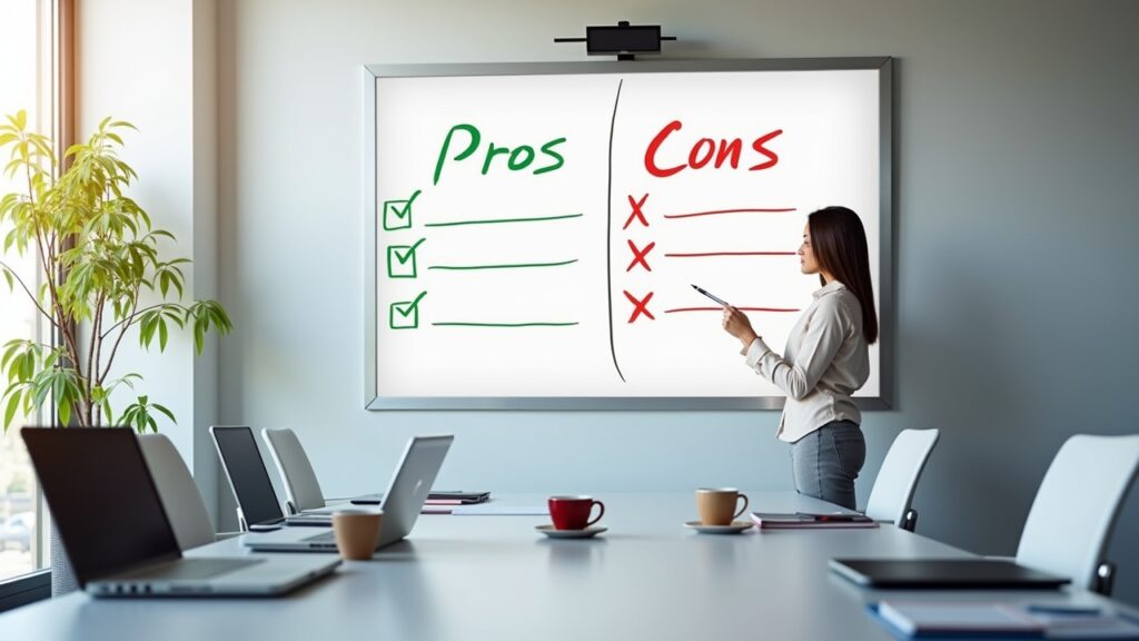 Pros and cons comparison chart on whiteboard
