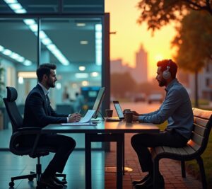 Split screen showing gig worker vs office employee